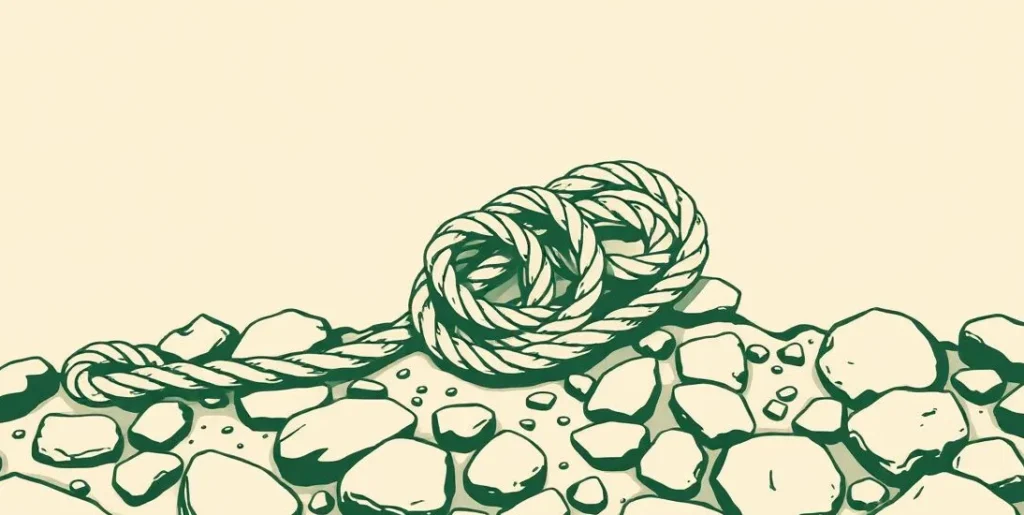Illustration of a tangled rope knot on a boulder-strewn rocky path