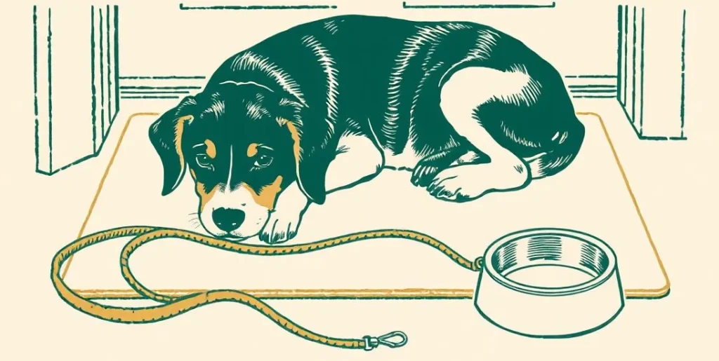 Illustration of a tired dog on a doormat beside a leash and empty bowl