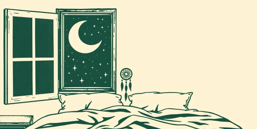 Illustration of a dreamcatcher over a bed under a crescent moon and stars