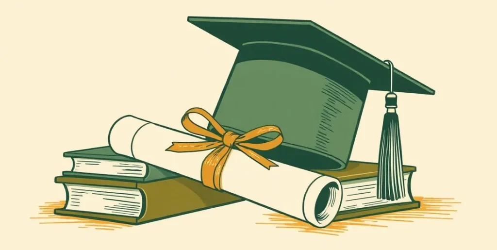 Illustration of a graduation cap on a rolled diploma beside a stack of books