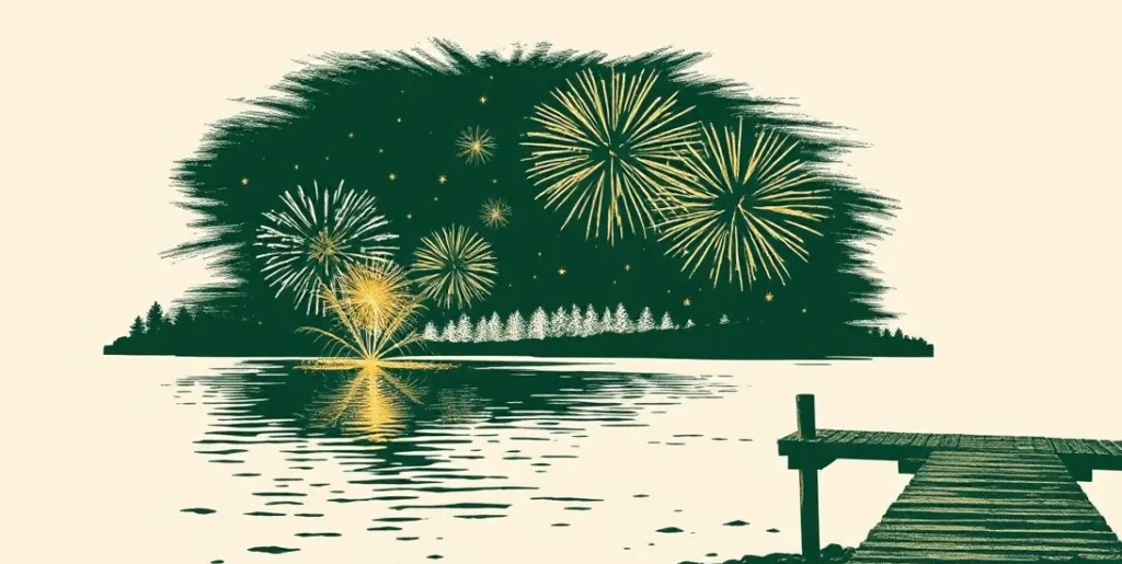 Illustration of fireworks bursting over a lake beside a wooden pier
