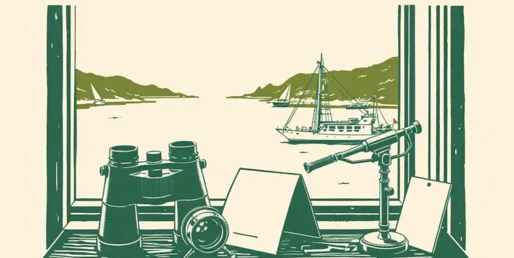 Illustration of binoculars, a magnifying glass and a spyglass by a window