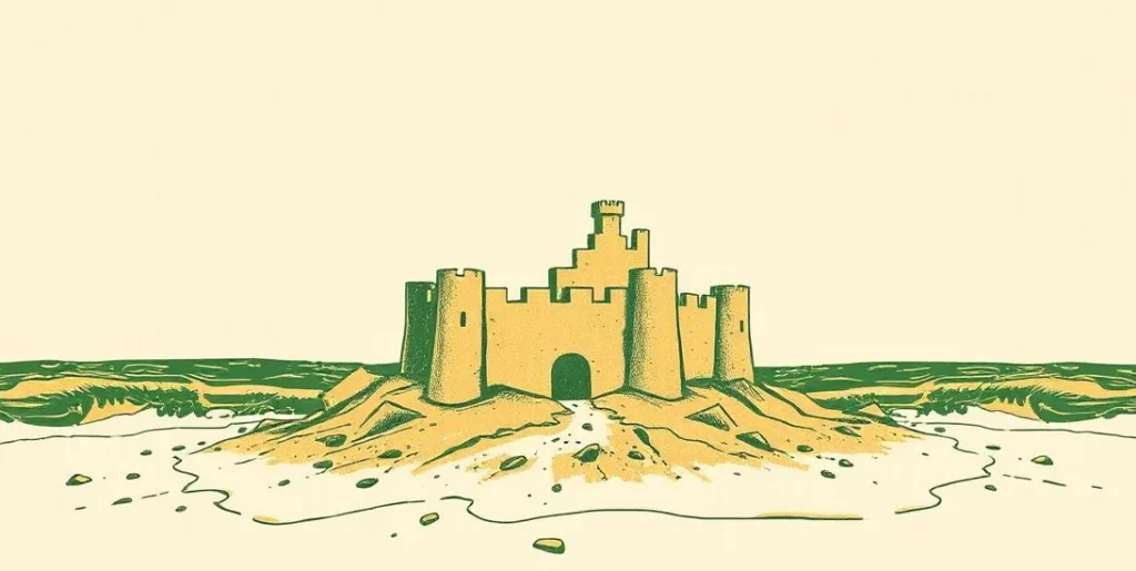 Illustration of a sandcastle crumbling under incoming waves