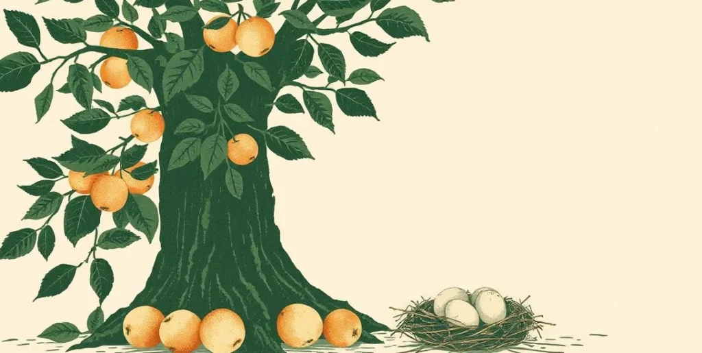 Illustration of an apple tree with apples fallen close to its trunk