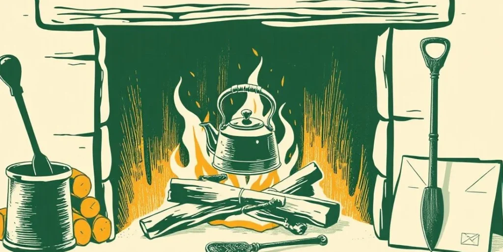 Illustration of a blazing fireplace with a kettle, poker and stacked firewood