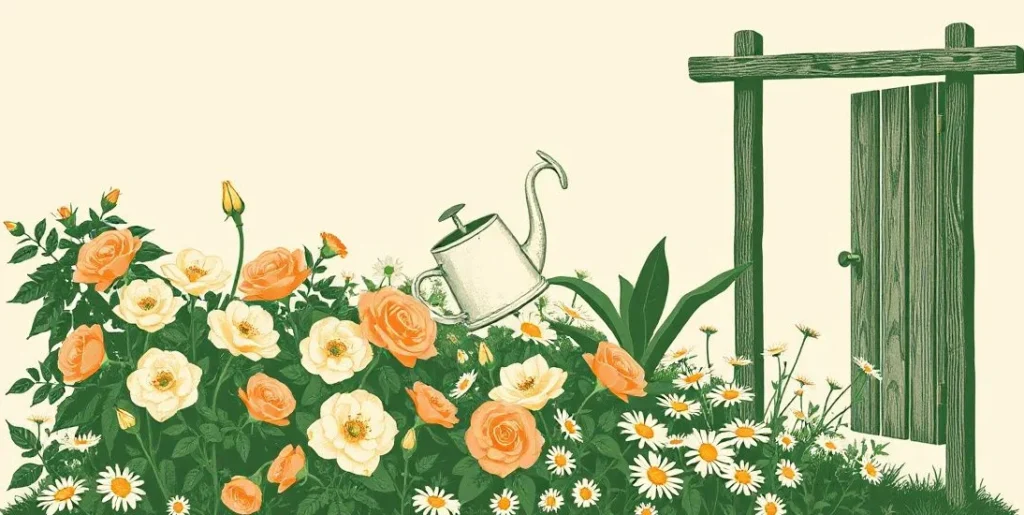 Illustration of roses, lilies and daisies beside a watering can