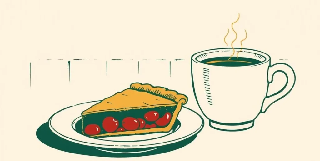 Illustration of a slice of pie and a cup of coffee on a diner counter