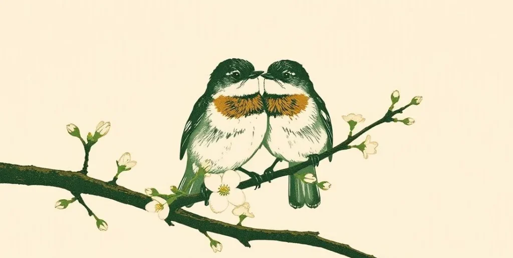 Illustration of two small birds perched close together on a blossoming branch