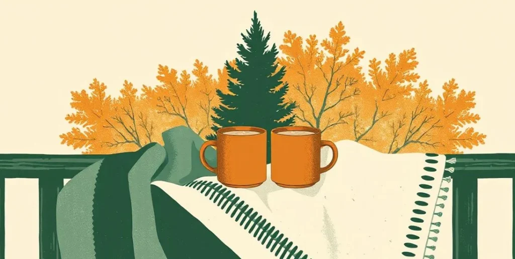 Illustration of two mugs of cocoa on a porch railing with a blanket