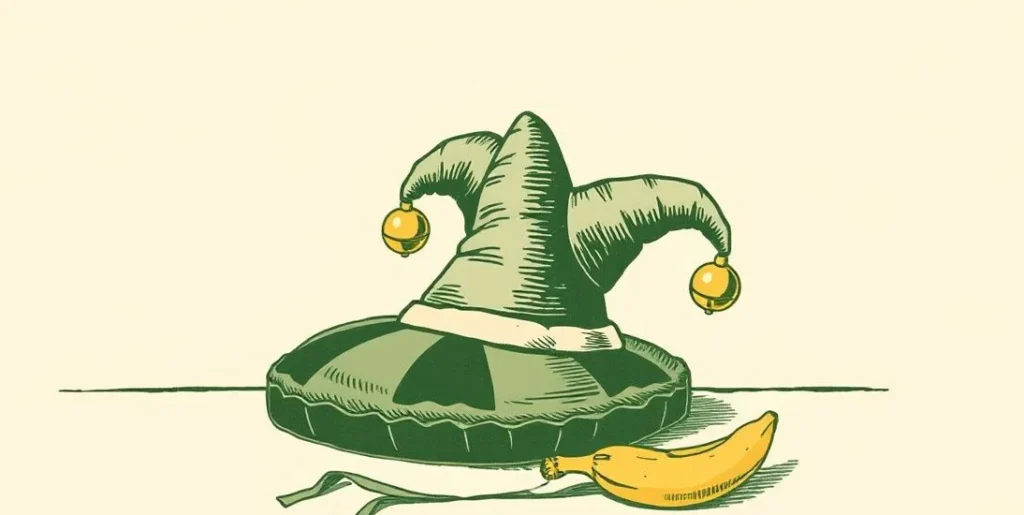 Illustration of a jester's cap beside a whoopee cushion and a banana peel