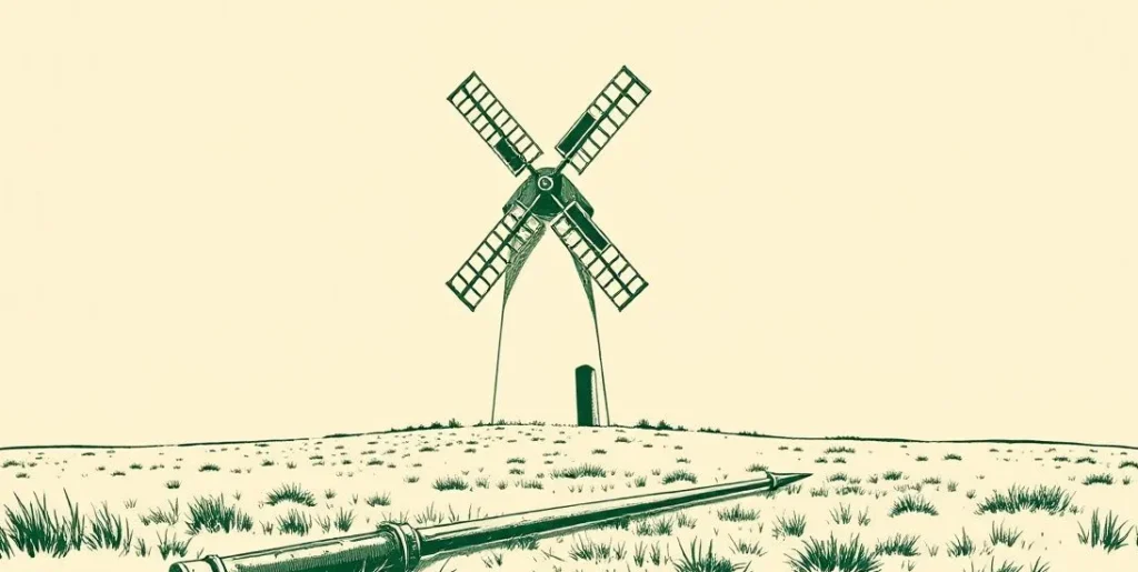 Illustration of a lone windmill on a plain with a broken lance in the grass