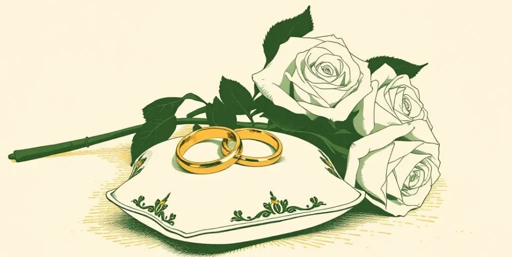 Illustration of two wedding rings on a satin cushion beside white roses