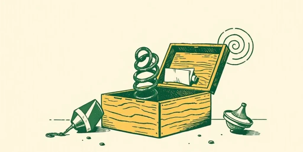 Illustration of a spring bursting from a toy box beside a spinning top and swirling spirals