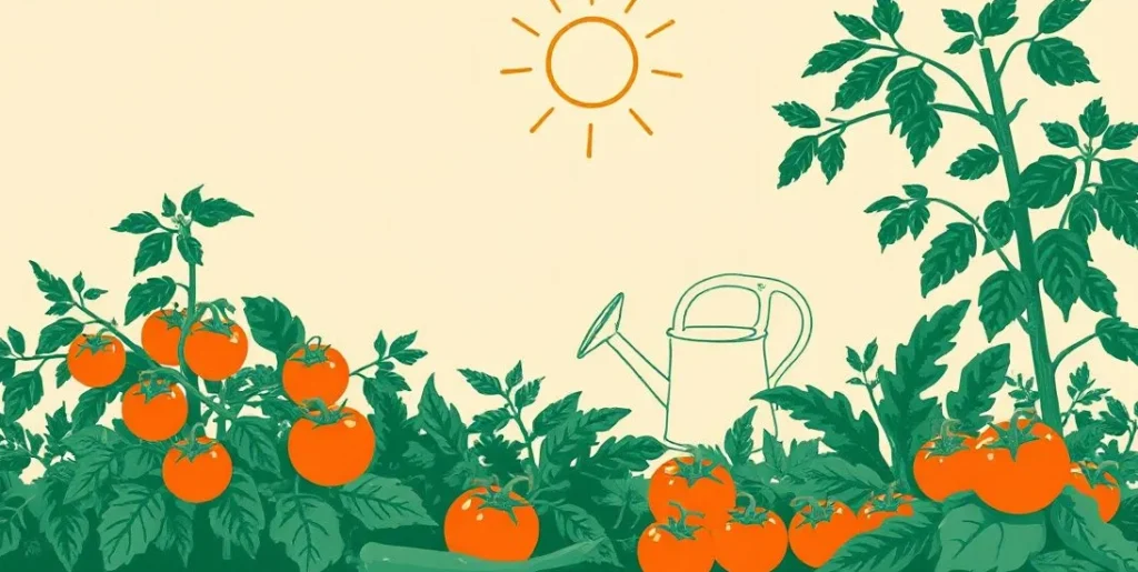 Illustration of a sunny vegetable garden with ripe tomatoes and a watering can