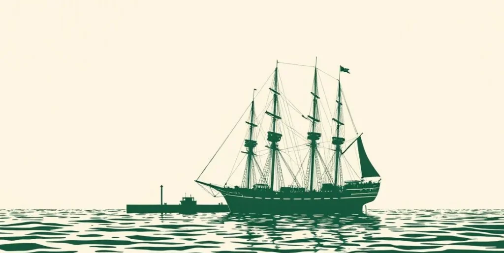 Illustration of a ship sailing away from a harbor toward the sunset