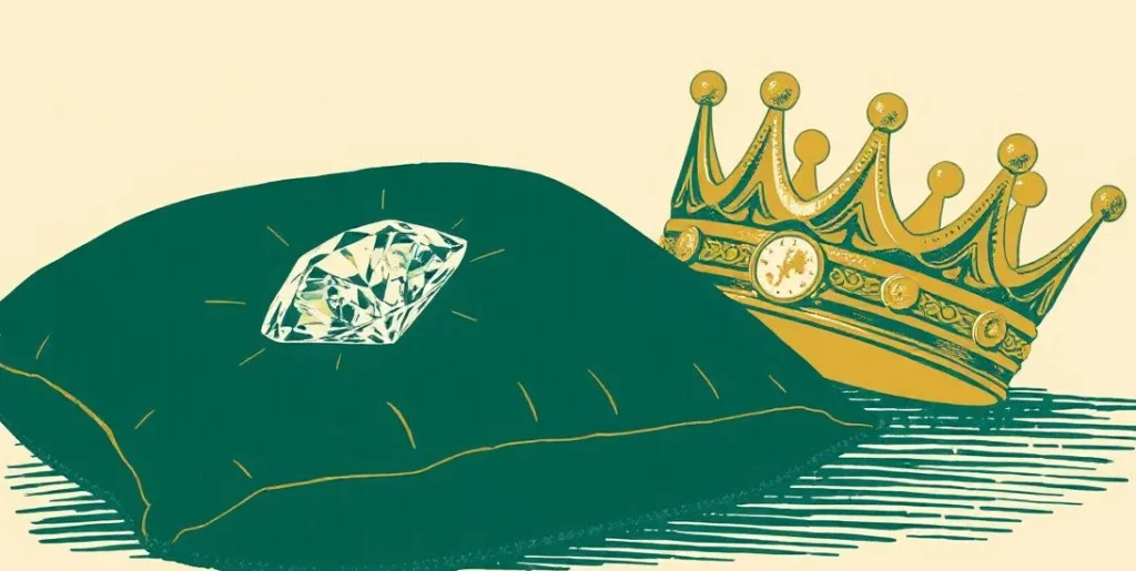 Illustration of a cut diamond on a velvet cushion beside a gold crown