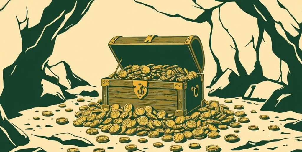 Illustration of a treasure chest overflowing with gold coins and jewels in a cave