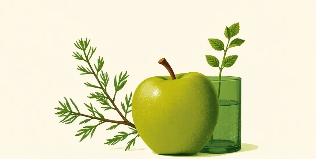 Illustration of a green apple, a pine sapling and mint in a green vase