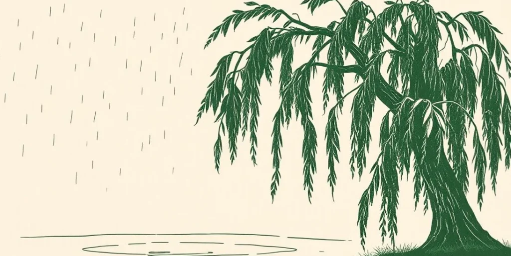 Illustration of a weeping willow drooping over a pond under a gray sky