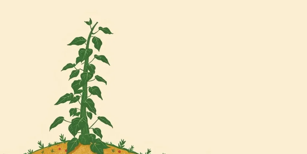 Illustration of a beanstalk climbing from a garden plot toward the clouds
