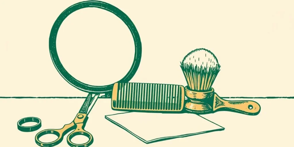 Illustration of scissors, a comb and a hairbrush beside a round mirror on a barber's counter