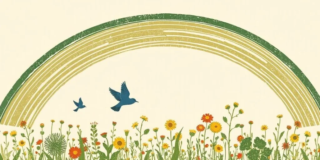 Illustration of a rainbow over a sunny wildflower meadow with bluebirds