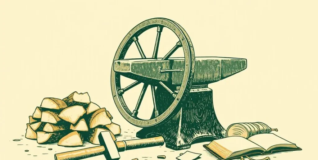 Illustration of a grindstone beside an anvil, hammer and chopped firewood