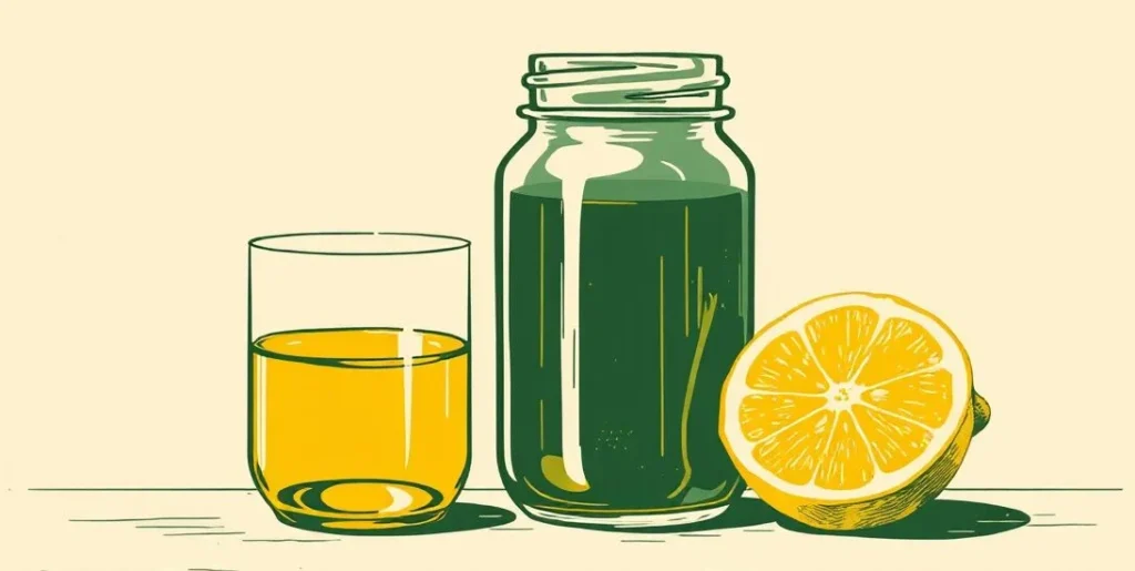 Illustration of a jar of oil and water separating beside a sour lemon