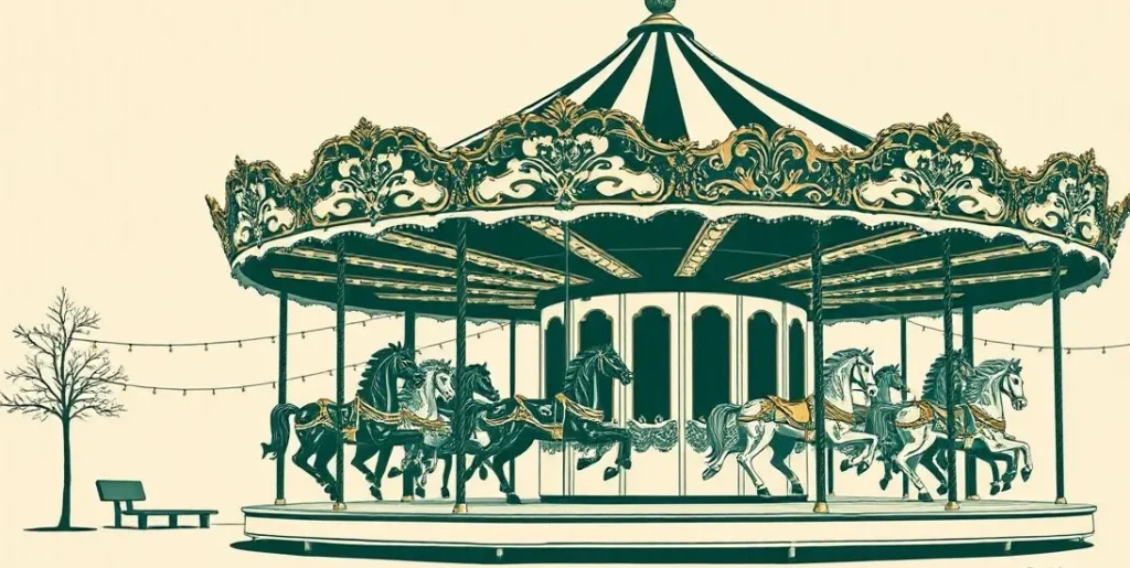 Illustration of a carousel with painted horses and strings of lights at dusk