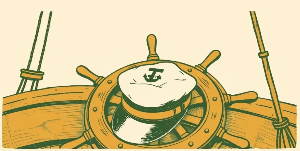 Illustration of a captain's hat resting on a ship's wheel