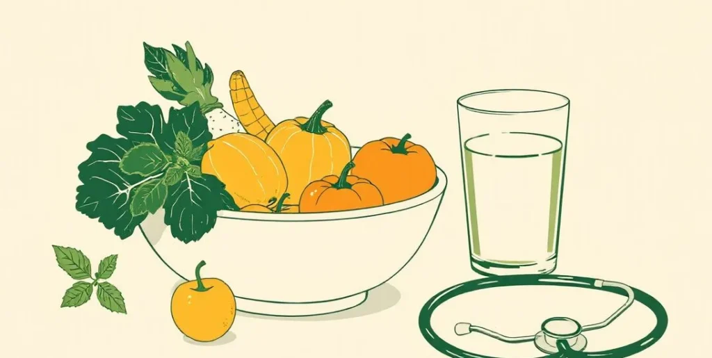 Illustration of fresh fruit and vegetables beside a stethoscope and water glass