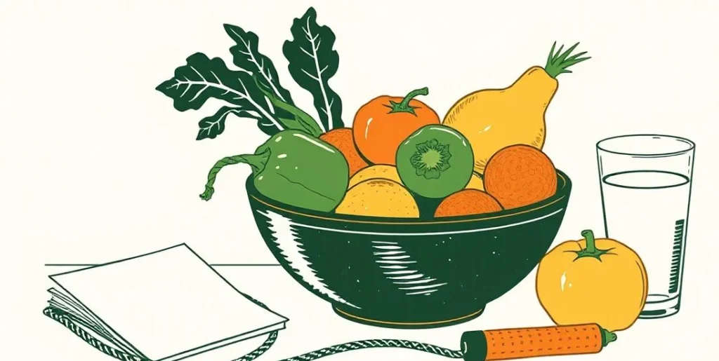 Illustration of fresh fruit and vegetables beside a jump rope and water