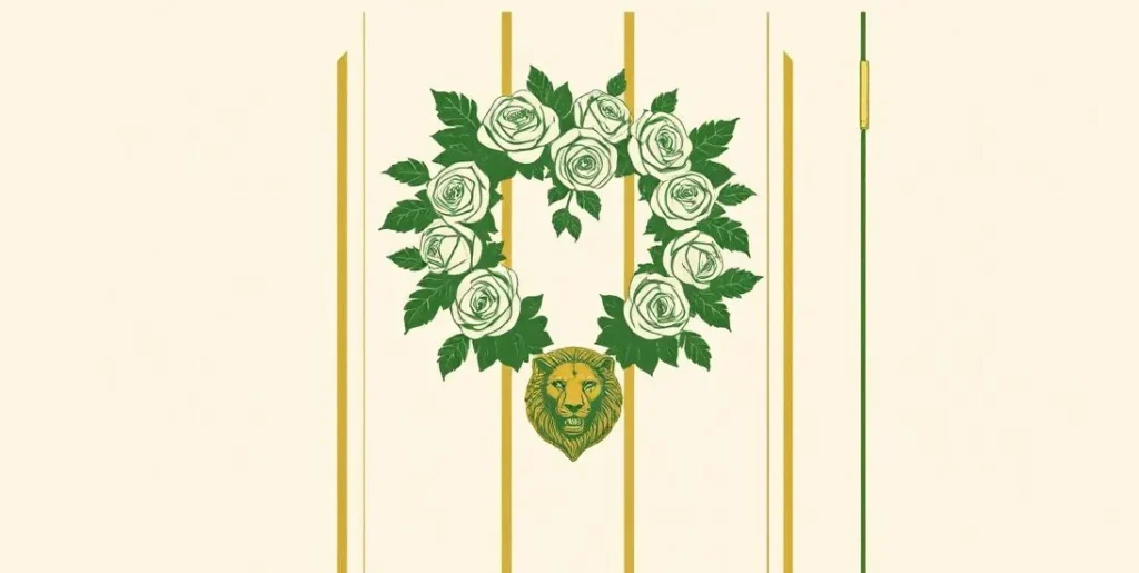 Illustration of a heart-shaped rose wreath on a door with a lion knocker