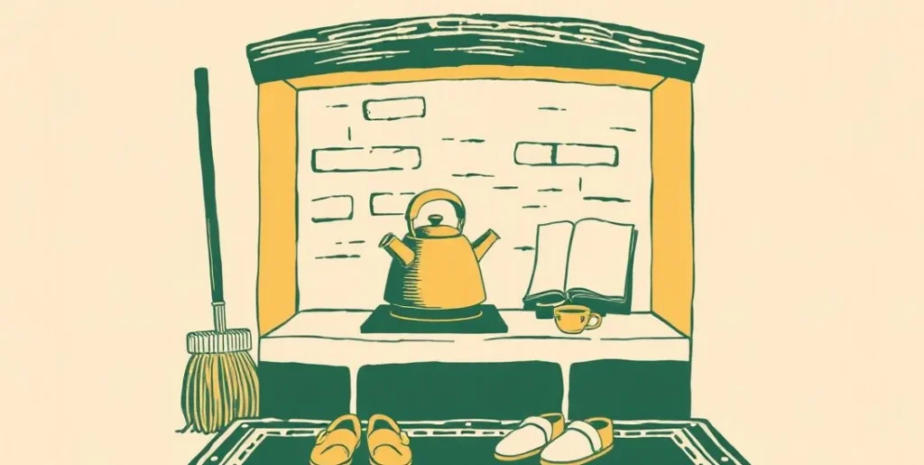 Illustration of a warm hearth with a kettle, a broom and slippers on a rug