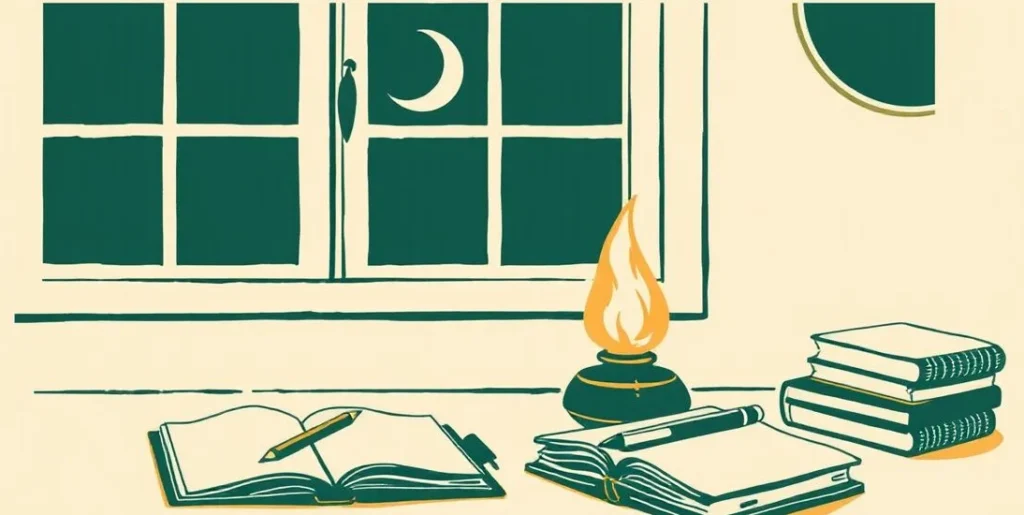 Illustration of an oil lamp burning on a desk beside notebooks at night