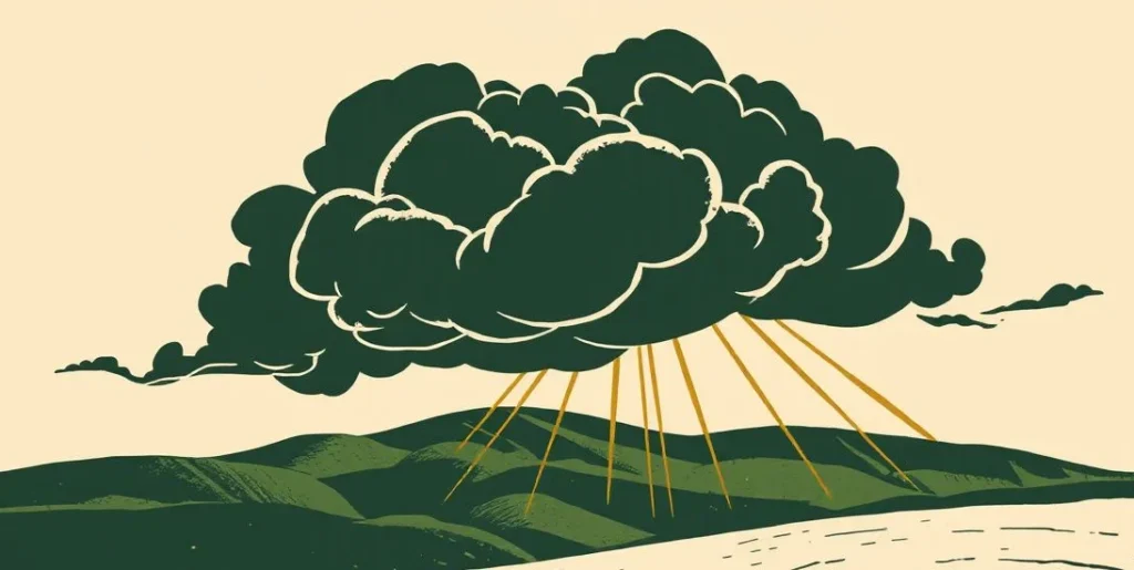 Illustration of a storm cloud with a silver lining and sunbeams over hills