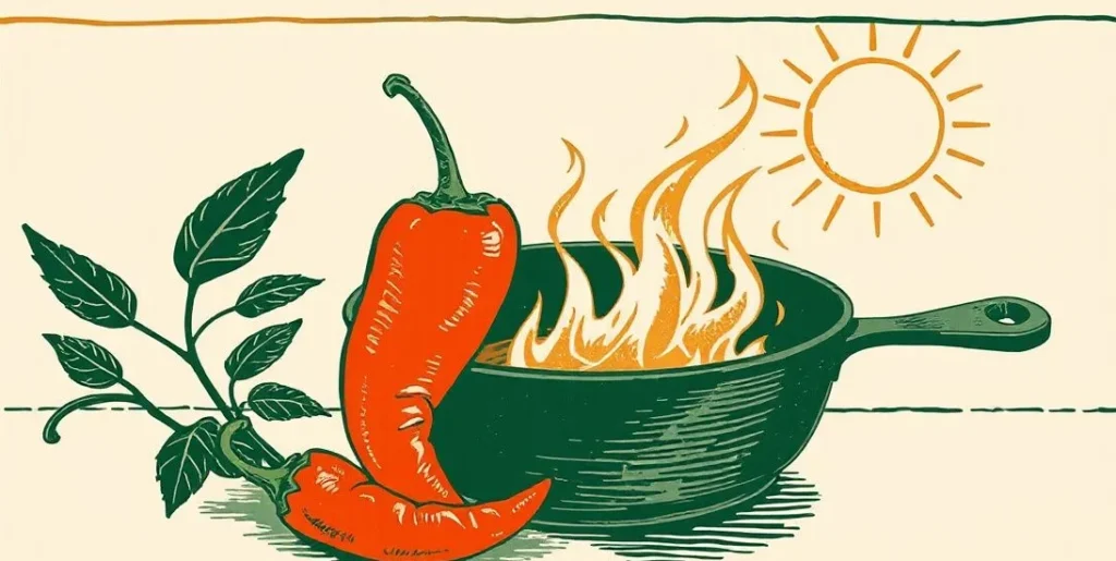 Illustration of a red chili pepper and a sizzling skillet under a blazing sun