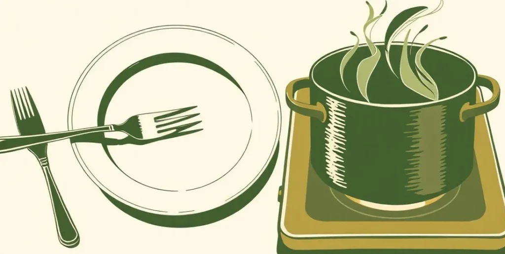 Illustration of an empty plate with a fork and knife beside a steaming pot