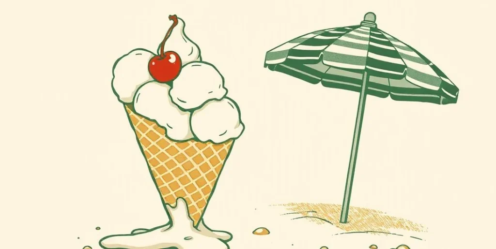 Illustration of a melting three-scoop ice cream cone beside a beach umbrella in the summer sun