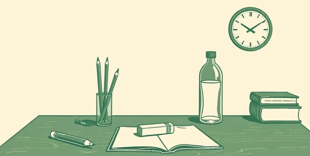 Illustration of an exam desk with pencils, an eraser and a plain wall clock