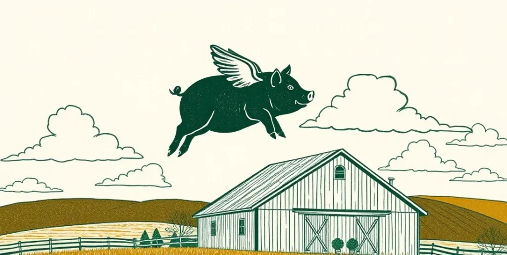 Illustration of a winged pig flying over a farm barn among clouds