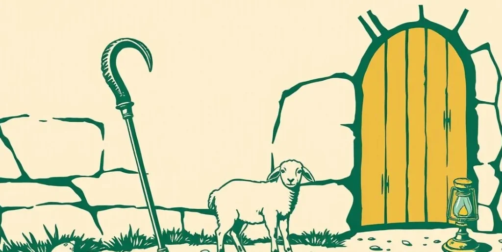 Illustration of a shepherd's crook against a stone wall with a lamb