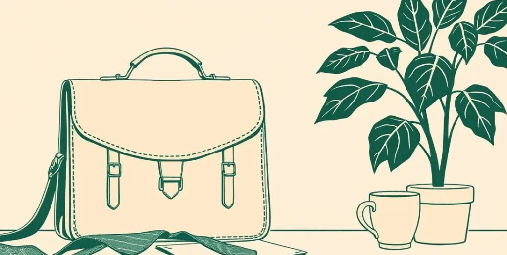 Illustration of a briefcase, necktie and coffee mug on an office desk
