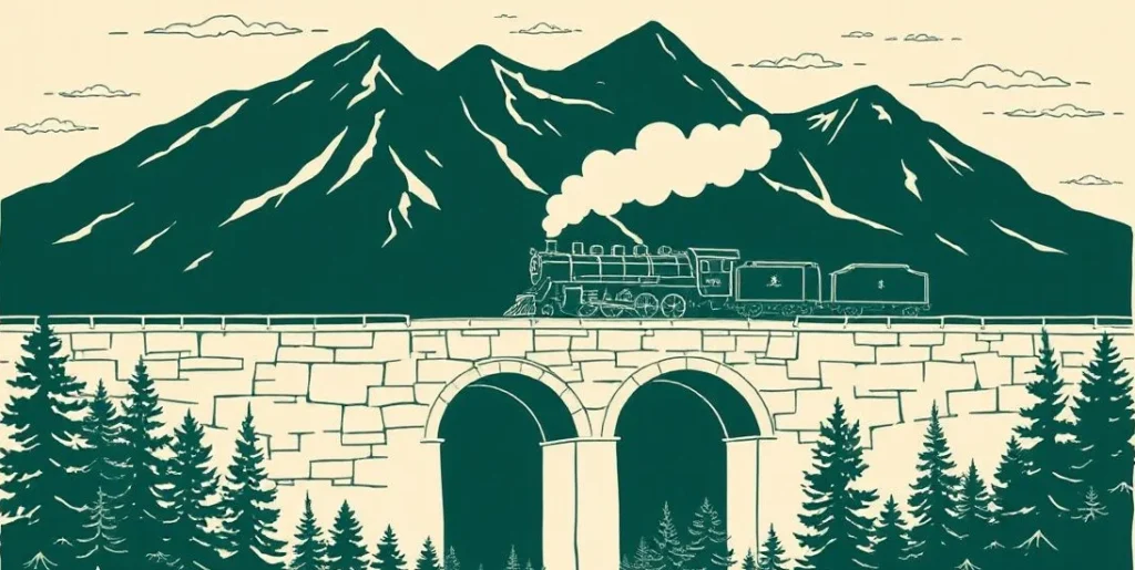 Illustration of a steam train crossing a stone bridge through the mountains