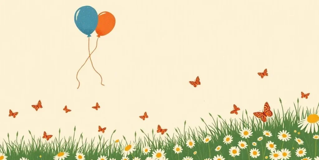 Illustration of balloons floating over a sunny meadow full of daisies