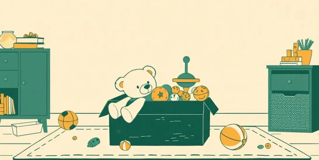 Illustration of a toy box overflowing with a teddy bear, a top and a ball