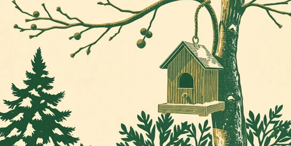 Illustration of a birdhouse and a full bird feeder in a snowy garden