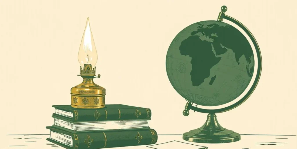 Illustration of a glowing oil lamp on closed books beside a globe