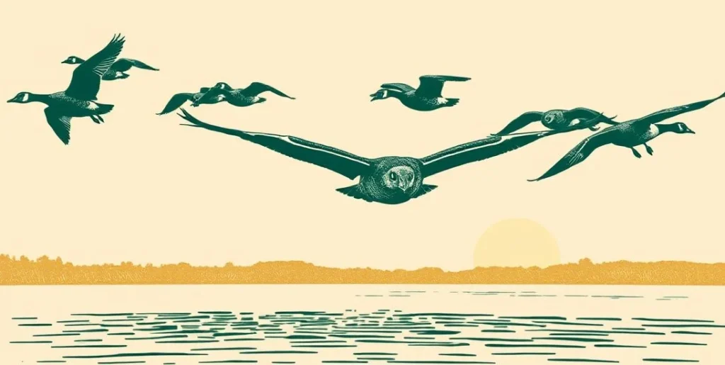 Illustration of a goose leading a V-shaped flock over a lake