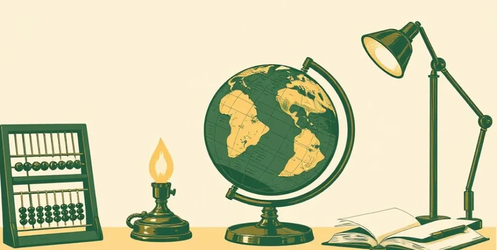 Illustration of a globe beside an abacus and an oil lamp on a desk